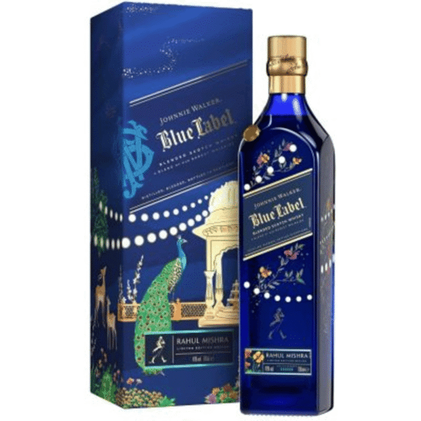 Johnnie Walker Blue Label whiskey bottle next to its blue decorative box against a white background